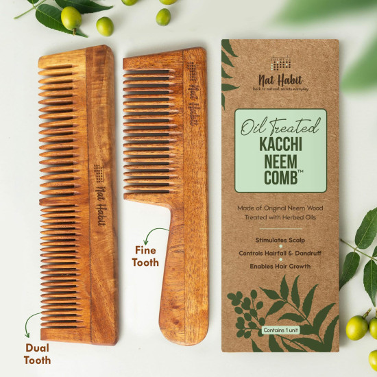Nat Habit Kacchi Neem Wooden Comb, Soaked In 13 Herbs Neem, Seasame Oil For Multi-Actions Detangling, Frizz Control & Shine (Dual Tooth & Fine Tooth) Combo Pack of 2 Nat Habit Kacchi Neem Wooden Comb, Soaked In 13 Herbs Neem, Seasame Oil For Multi-Actions Detangling, Frizz Control & Shine (Dual Tooth & Fine Tooth) Combo Pack of 2