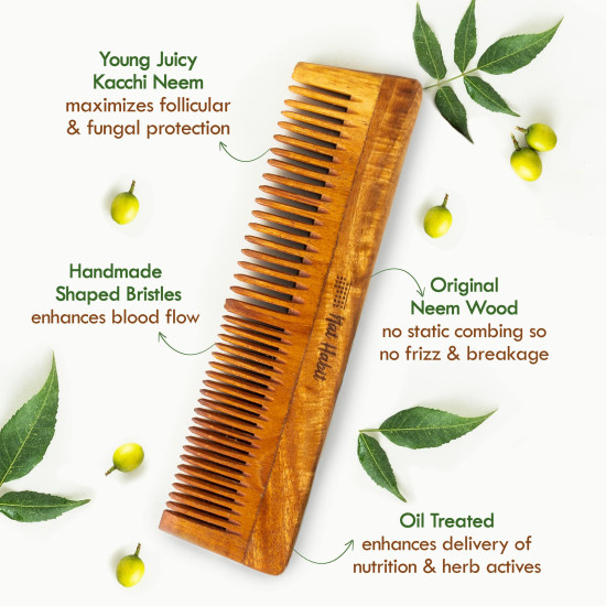 Nat Habit Kacchi Neem Wooden Comb, Soaked In 13 Herbs Neem, Seasame Oil For Multi-Actions Detangling, Frizz Control & Shine (Dual Tooth & Fine Tooth) Combo Pack of 2 Nat Habit Kacchi Neem Wooden Comb, Soaked In 13 Herbs Neem, Seasame Oil For Multi-Actions Detangling, Frizz Control & Shine (Dual Tooth & Fine Tooth) Combo Pack of 2