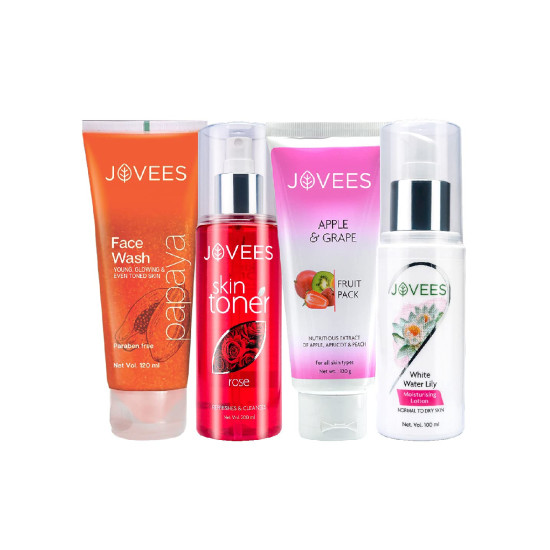 Jovees Herbal Papaya Facewash 120 ML, Rose Skin Toner 100 ML, Apple & Grape Fruit Pack 400 g, White Water Lily Moisturising Lotion 100 ML For Skin Care Combo...