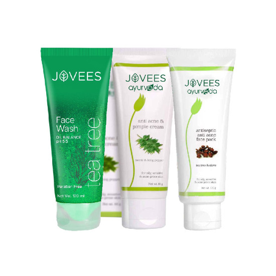 Jovees Herbal Tea Tree Oil Control Facewash 120 ML, Anti Acne & Pimple Cream 60 g, Antiseptic Anti Acne Face Pack 120 g Combo For Acne & Pimple Treatment Skin Care...