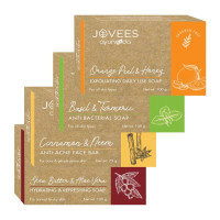 Jovees Herbal Orange Peel & Honey Soap 100 g, Basil Turmeric Anti Bacterial 100 g, Cinnamon & Neem Anti Acne Face Bar 75 g, Shea Butter & Aloe Vera Hydrating 100 g Soap Combo 4