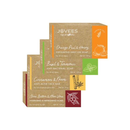 Jovees Herbal Orange Peel & Honey Soap 100 g, Basil Turmeric Anti Bacterial 100 g, Cinnamon & Neem Anti Acne Face Bar 75 g, Shea Butter & Aloe Vera Hydrating 100 g Soap Combo 4