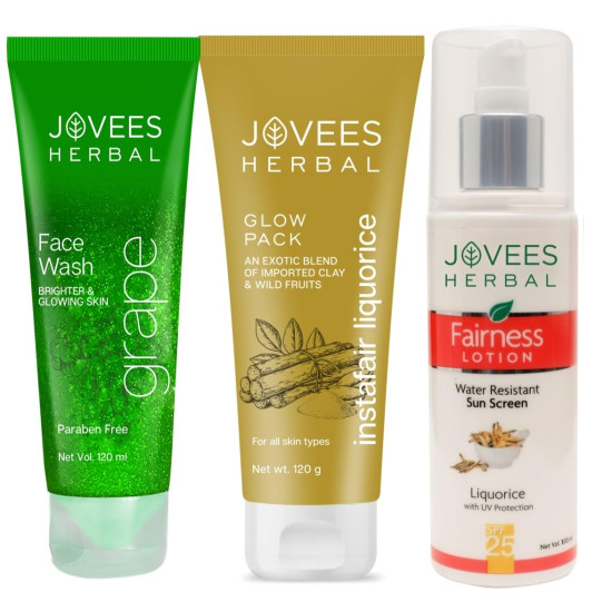 Jovees Herbal Grape Fairness Facewash 120 ML, Insta Fair Liquorice Glow Pack 120 g, Fairness Lotion SPF 25 100 ML Combo For Dull Skin...