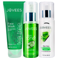 Jovees Herbal Face Care Combo For Oily Acne Prone Skin | Tea Tree Oil Control Facewash 120ml | Cucumber Skin Toner 200ml | Aloe Vera Moisturising Lotion 200ml |
