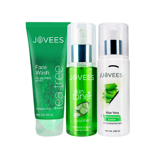 Jovees Herbal Face Care Combo For Oily Acne Prone Skin | Tea Tree Oil Control Facewash 120ml | Cucumber Skin Toner 200ml | Aloe Vera Moisturising Lotion 200ml |