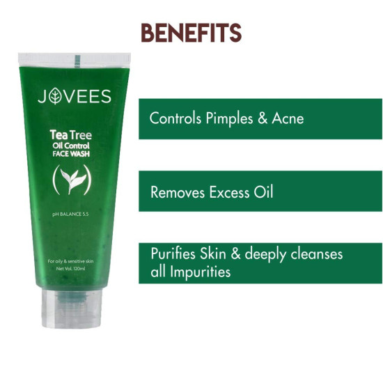 Jovees Herbal Face Care Combo For Oily Acne Prone Skin | Tea Tree Oil Control Facewash 120ml | Cucumber Skin Toner 200ml | Aloe Vera Moisturising Lotion 200ml |