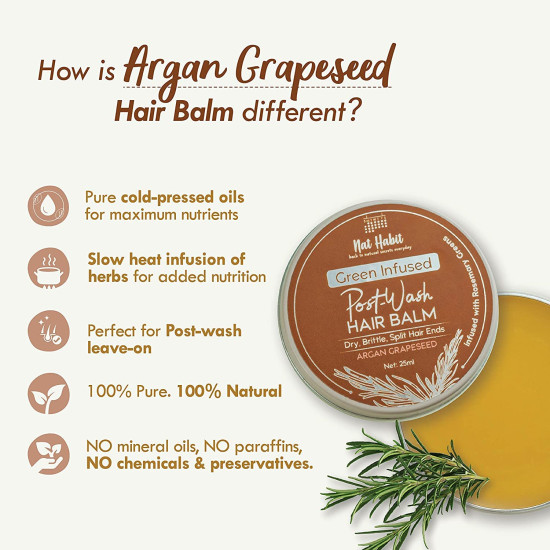 Nat Habit Argan Grapeseed Hair Balm For Men & Women Split Ends, Smoothening, Post Wash Straightening, Conditioning Infused With Rosemary & Oils - (Pack of 1, 25ml)