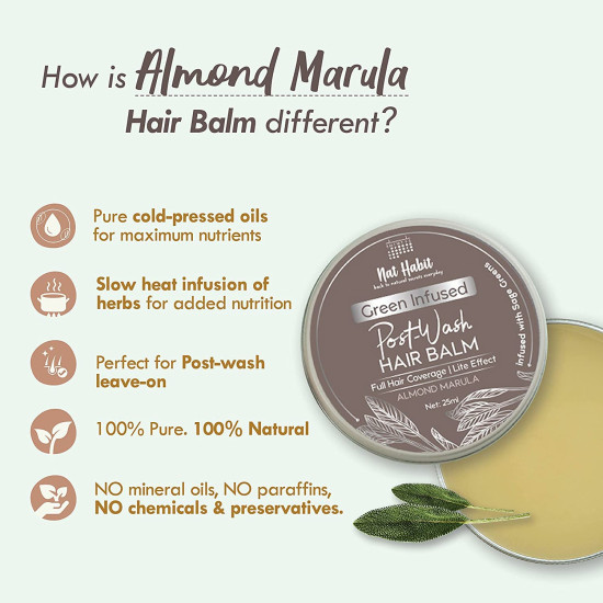 Nat Habit Almond Marula Hair Balm For Men & Women Split Ends, Smoothening, Straightening, Conditioning & Frizzy Hair- Infused with Sage Leaves & Oils (Pack of 1, 25ml)
