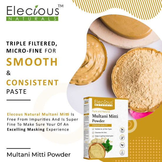 Elecious 100% Natural Multani Mitti powder for Exfoliating, Soothing, Nourishing, Smoothening Face, Skin and Hair Fuller's Earth, Bentonite Clay (200 Grams)