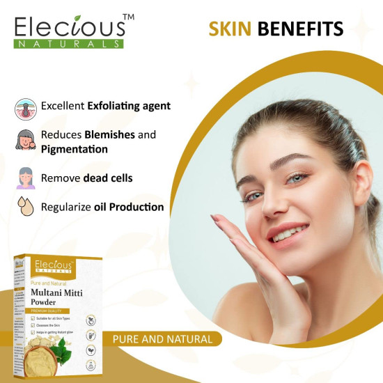 Elecious 100% Natural Multani Mitti powder for Exfoliating, Soothing, Nourishing, Smoothening Face, Skin and Hair Fuller's Earth, Bentonite Clay (200 Grams)