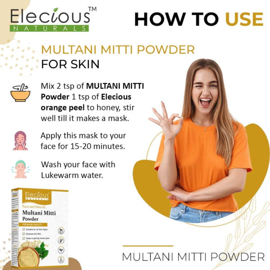 Elecious 100% Natural Multani Mitti powder for Exfoliating, Soothing, Nourishing, Smoothening Face, Skin and Hair Fuller's Earth, Bentonite Clay (200 Grams)