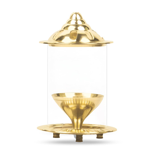 Klassic Navjyoti 4 Inch Akhand Diya with Borosilicate Shade for Mandir, Decorative Brass & Oil Lamp Lantern Diya with Glass Cover for Prayers, Cylindrical Borosilicate Brass Diya (Pack of 1)