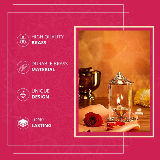 Klassic Navjyoti 4 Inch Akhand Diya with Borosilicate Shade for Mandir, Decorative Brass & Oil Lamp Lantern Diya with Glass Cover for Prayers, Cylindrical Borosilicate Brass Diya (Pack of 1)
