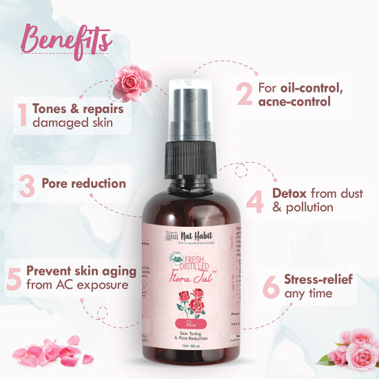 Nat Habit - 100% Pure Gulab Jal - Rose Water - Toner, Face-Mist, Astringent & Face Spray - Ayurvedic, Steam-Distilled For Oil-Control, Skin Hydration (Pack of 3, 100 ml)