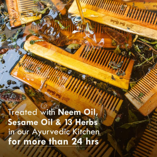 Nat Habit Kacchi Neem Wooden Comb, Soaked In 17 Herbs, Neem & Sesame Oil For Multi-Actions - Detangling, Frizz Control & Shine Suited For All Hair Types (Wide Tooth)