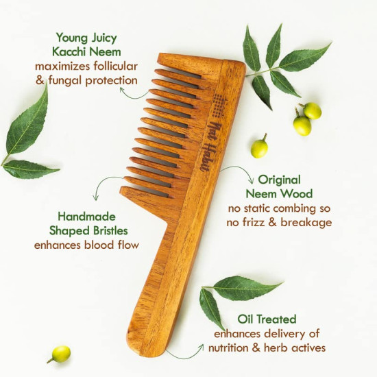 Nat Habit Kacchi Neem Wooden Comb, Soaked In 17 Herbs, Neem & Sesame Oil For Multi-Actions - Detangling, Frizz Control & Shine Suited For All Hair Types (Wide Tooth)