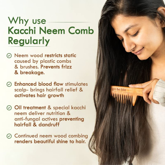 Nat Habit Kacchi Neem Wooden Comb, Soaked In 17 Herbs, Neem & Sesame Oil For Multi-Actions - Detangling, Frizz Control & Shine Suited For All Hair Types (Wide Tooth)