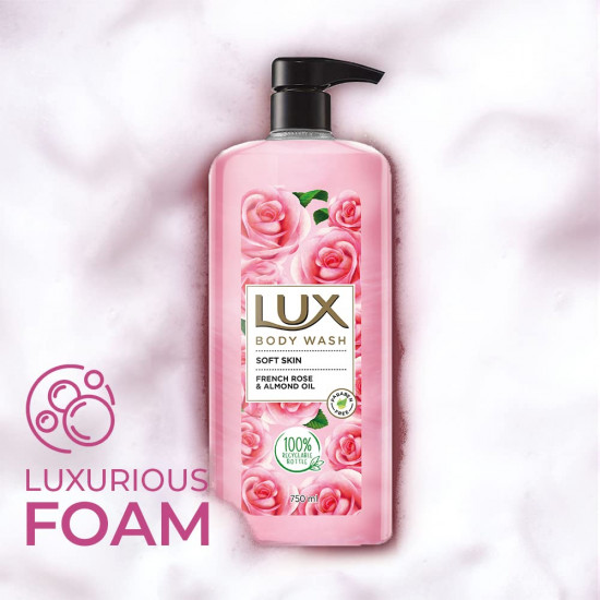Lux Body Wash Soft Skin French Rose & Almond Oil Super Saver XL Pump Bottle with Long Lasting Fragrance, Glycerine, Paraben Free, Extra Foam, 750 ml