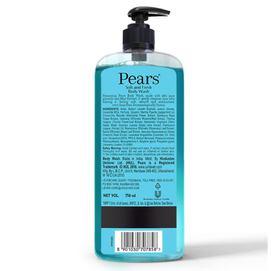 Pears Soft & Fresh Shower Gel SuperSaver XL Pump Bottle with 98% Pure Glycerine, 100% Soap Free and No Parabens, 750 ml