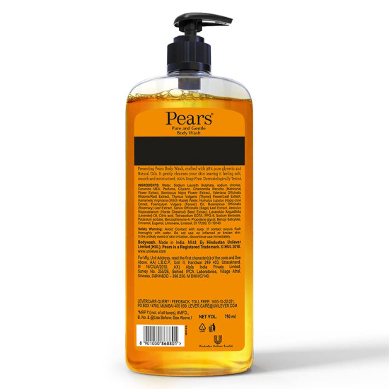 Pears Pure and Gentle Body Wash 750 ml, 98% Pure Glycerin, Liquid Shower Gel crafted with Natural Oils for Glowing Skin, Paraben Free & 100% Soap Free, For Soft, Smooth & Moisturised Skin