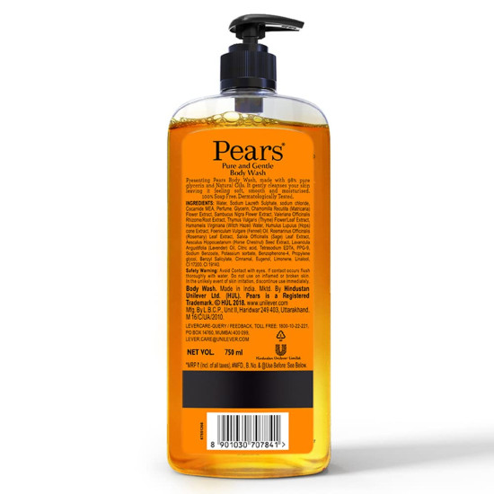 Pears Pure and Gentle Body Wash 750 ml, 98% Pure Glycerin, Liquid Shower Gel crafted with Natural Oils for Glowing Skin, Paraben Free & 100% Soap Free, For Soft, Smooth & Moisturised Skin