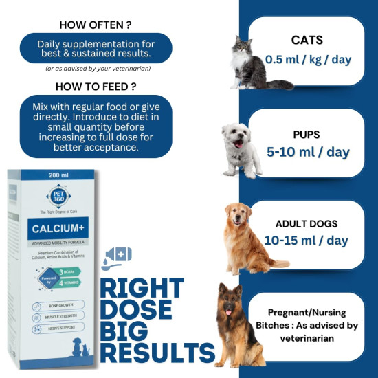PET360 Calcium+ Advanced Mobility Formula with Calcium, Amino Acids & Vitamins for Dogs & Cats | Bone Growth, Muscle Strength & Nerve Support | Nutritional Supplements for Pets - 200 ml