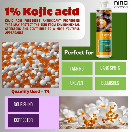 nina dorada De-Tan 1% Kojic Acid Body Wash with Turmeric and Saffron | Anti Blemsh Shower Gel for Summer | Brightening Body Cleanser | Suitable for Oily and Greasy Skin | 300ml
