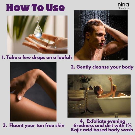 nina dorada De-Tan 1% Kojic Acid Body Wash with Turmeric and Saffron | Anti Blemsh Shower Gel for Summer | Brightening Body Cleanser | Suitable for Oily and Greasy Skin | 300ml