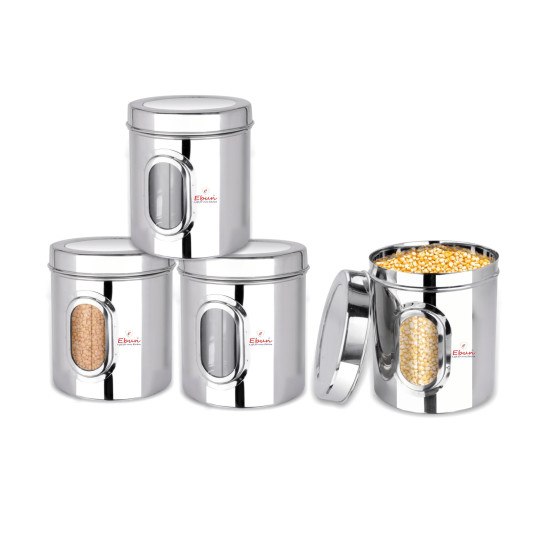 Ebun Stainless Steel Multipurpose See Through Containers | Air Tight Canisters For Kitchen Storage | Ubha Dabba | Transparent Vertical Jar | Silver | 2.5 Kgs | Pack Of 4 Pcs