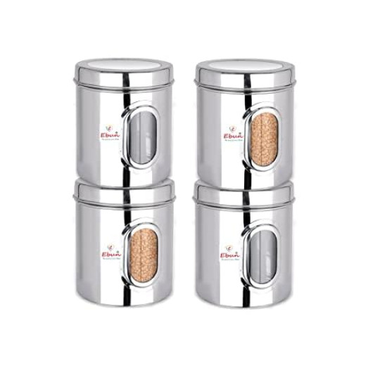 Ebun Stainless Steel Multipurpose See Through Containers | Air Tight Canisters For Kitchen Storage | Ubha Dabba | Transparent Vertical Jar | Silver | 2.5 Kgs | Pack Of 4 Pcs