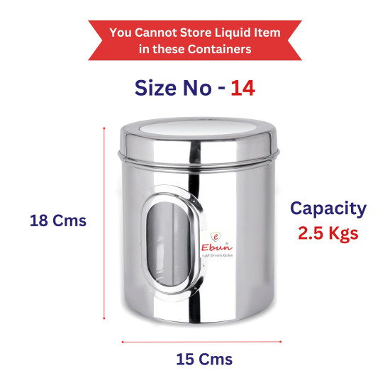 Ebun Stainless Steel Multipurpose See Through Containers | Air Tight Canisters For Kitchen Storage | Ubha Dabba | Transparent Vertical Jar | Silver | 2.5 Kgs | Pack Of 4 Pcs