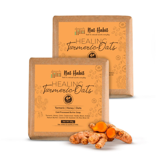 Nat Habit Turmeric Oats Bath Butter Soap | Ayurvedic Body Tan Removal for Women & Men | De-Tan, Anti Tan & Antibacterial Bar| Scar Reduction & Deep Cleansing | Handmade Haldi Soap | 125g x 2 Nat Habit Turmeric Oats Bath Butter Soap | Ayurvedic Body Tan Removal for Women & Men | De-Tan, Anti Tan & Antibacterial Bar| Scar Reduction & Deep Cleansing | Handmade Haldi Soap | 125g x 2