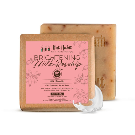 Nat Habit Brightening Milk-Rosehip Bath Soap With Ayurvedic Cold Processed & Vit C For Cleansing, Skin Whitening, Tan Removal & Scar Reduction (125gm)
