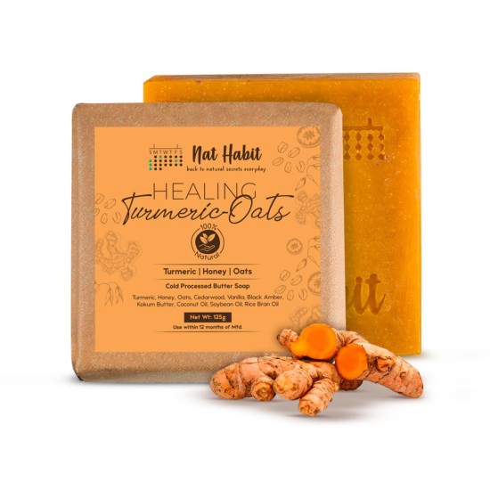 Nat Habit Turmeric Oats Bath Butter Soap | Ayurvedic Body Tan Removal for Women & Men | De-Tan, Anti Tan & Antibacterial Bar| Scar Reduction & Deep Cleansing | Handmade Haldi Soap | 125g Nat Habit Turmeric Oats Bath Butter Soap | Ayurvedic Body Tan Removal for Women & Men | De-Tan, Anti Tan & Antibacterial Bar| Scar Reduction & Deep Cleansing | Handmade Haldi Soap | 125g
