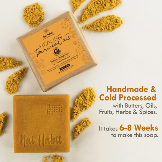 Nat Habit Turmeric Oats Bath Butter Soap | Ayurvedic Body Tan Removal for Women & Men | De-Tan, Anti Tan & Antibacterial Bar| Scar Reduction & Deep Cleansing | Handmade Haldi Soap | 125g Nat Habit Turmeric Oats Bath Butter Soap | Ayurvedic Body Tan Removal for Women & Men | De-Tan, Anti Tan & Antibacterial Bar| Scar Reduction & Deep Cleansing | Handmade Haldi Soap | 125g