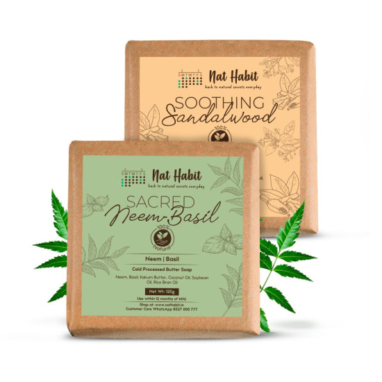 Nat Habit Neem & Sandalwood De-Tan Bath Soap Combo|Cold-Processed Ayurvedic Soaps with Neem Actives & Rakt Chandan | Antibacterial, Anti-Inflammatory, Body Acne,Tan Removal & Skin Brightening |125g Each Nat Habit Neem & Sandalwood De-Tan Bath Soap Combo|Cold-Processed Ayurvedic Soaps with Neem Actives & Rakt Chandan | Antibacterial, Anti-Inflammatory, Body Acne,Tan Removal & Skin Brightening |125g Each