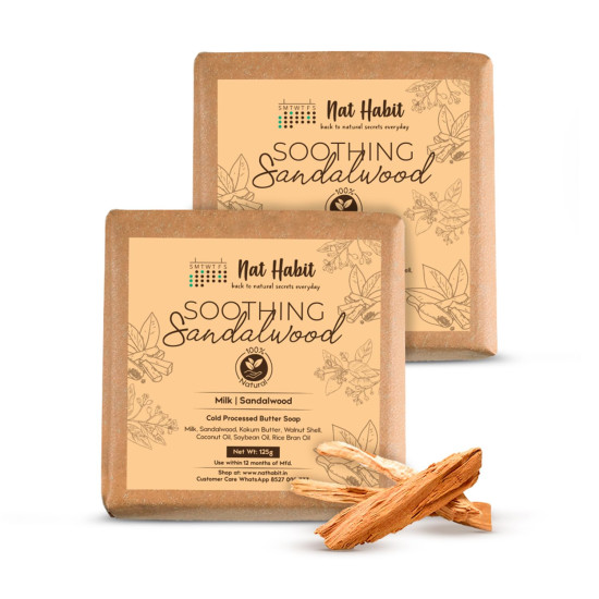 Nat Habit Sandalwood De-Tan Soap |Body Tan Removal Soap for Women & Men | Cold Processed Sandal for Tanning, Skin Brightening & Scar Reduction | Handmade & Anti Tan with Rakt Chandan | 125g x 2