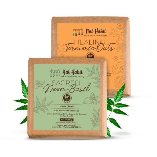 Nat Habit Neem & Turmeric Oats Bath Soap Combo | Cold-Processed Ayurvedic Soaps with Neem & Haldi | Antibacterial, Anti-Inflammatory, Body Acne & Tan Removal | Scar Reduction & Deep Cleansing | 125g Each