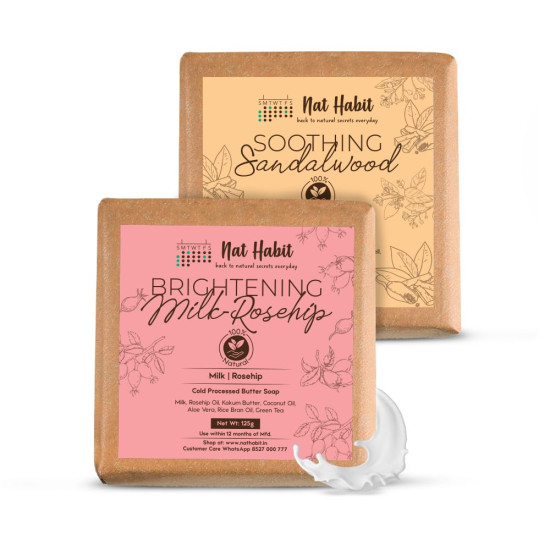 Nat Habit Bath Soap Combo Milk Rosehip & Sandalwood - Enriched with Vitamins C & Ayurvedic Cold Processed For Exfoliation, Brightening, Cleansing, Nourishing, Men & Women (2 X 125gm) Nat Habit Bath Soap Combo Milk Rosehip & Sandalwood - Enriched with Vitamins C & Ayurvedic Cold Processed For Exfoliation, Brightening, Cleansing, Nourishing, Men & Women (2 X 125gm)
