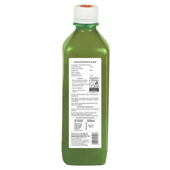 Axiom Ayurveda Giloye Papaya Cold Pressed Juice 500ml (Pack of 2) | Platelets Booster & Rapidly Neutrilize All Types of Fever | 100% WHO GMP GLP Certified Ayurvedic Juice