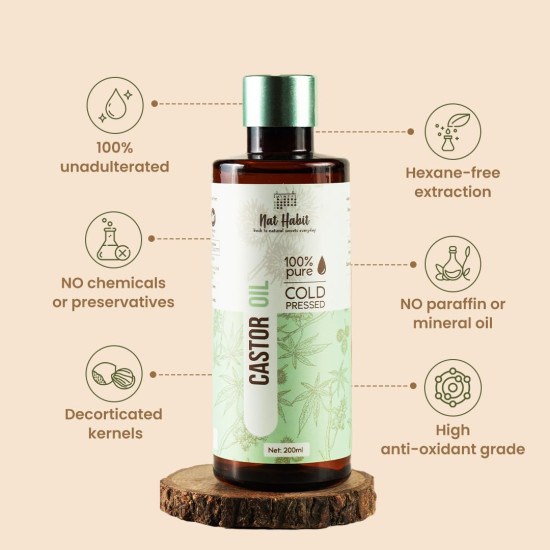Nat Habit Cold Pressed 100% Pure Castor (Arandi) Oil for Skin & Hair With Vitamin E, Omega-6 & 9, Mineral Free & Preservative Free (200 ml) Nat Habit Cold Pressed 100% Pure Castor (Arandi) Oil for Skin & Hair With Vitamin E, Omega-6 & 9, Mineral Free & Preservative Free (200 ml)