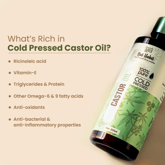 Nat Habit Cold Pressed 100% Pure Castor (Arandi) Oil for Skin & Hair With Vitamin E, Omega-6 & 9, Mineral Free & Preservative Free (200 ml) Nat Habit Cold Pressed 100% Pure Castor (Arandi) Oil for Skin & Hair With Vitamin E, Omega-6 & 9, Mineral Free & Preservative Free (200 ml)
