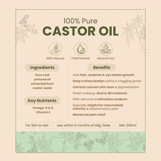 Nat Habit Cold Pressed 100% Pure Castor (Arandi) Oil for Skin & Hair With Vitamin E, Omega-6 & 9, Mineral Free & Preservative Free (200 ml) Nat Habit Cold Pressed 100% Pure Castor (Arandi) Oil for Skin & Hair With Vitamin E, Omega-6 & 9, Mineral Free & Preservative Free (200 ml)