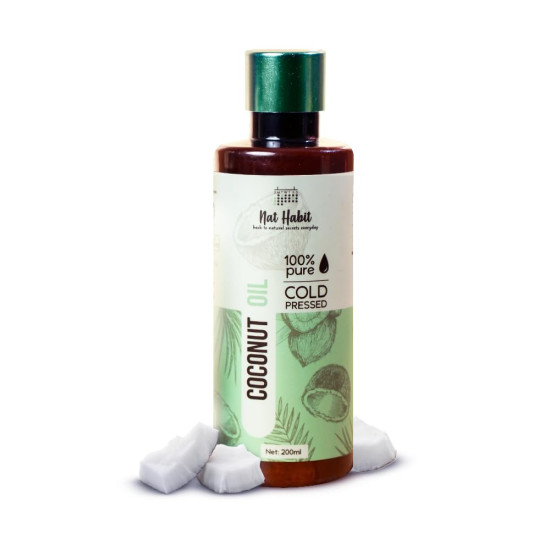Nat Habit Cold Pressed Coconut Oil for Skin & Hair, Of Whole Kernels from Tamil Nadu & Kerala | 100% Pure Fresh from our Ayurvedic Kitchen, Zero Preservatives | Body Massage Oil, Hair Oil, 200ml