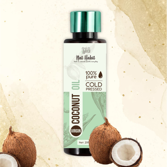 Nat Habit Cold Pressed Coconut Oil for Skin & Hair, Of Whole Kernels from Tamil Nadu & Kerala | 100% Pure Fresh from our Ayurvedic Kitchen, Zero Preservatives | Body Massage Oil, Hair Oil, 200ml