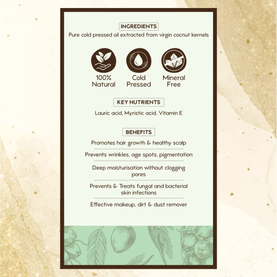 Nat Habit Cold Pressed Coconut Oil for Skin & Hair, Of Whole Kernels from Tamil Nadu & Kerala | 100% Pure Fresh from our Ayurvedic Kitchen, Zero Preservatives | Body Massage Oil, Hair Oil, 200ml