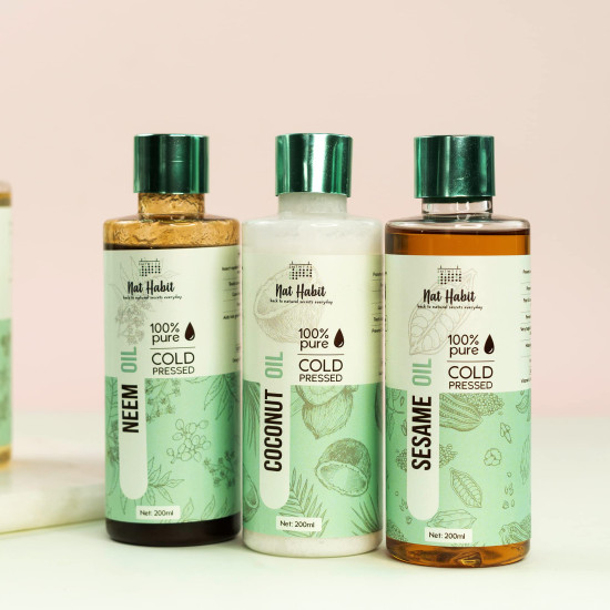 Nat Habit Cold Pressed Coconut Oil for Skin & Hair, Of Whole Kernels from Tamil Nadu & Kerala | 100% Pure Fresh from our Ayurvedic Kitchen, Zero Preservatives | Body Massage Oil, Hair Oil, 200ml