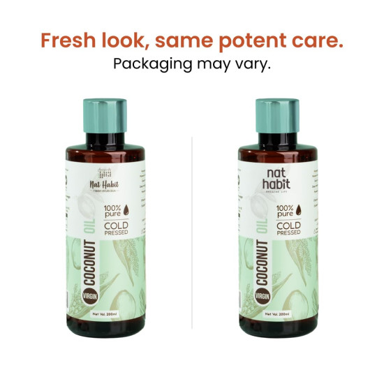 Nat Habit Cold Pressed 100% Pure Virgin Coconut Oil for Skin & Hair, Of Raw Coconut from Tamil Nadu & Kerala | Fresh from our Ayurvedic Kitchen, Zero Preservatives | Body Massage Oil, Hair Oil, 200ml