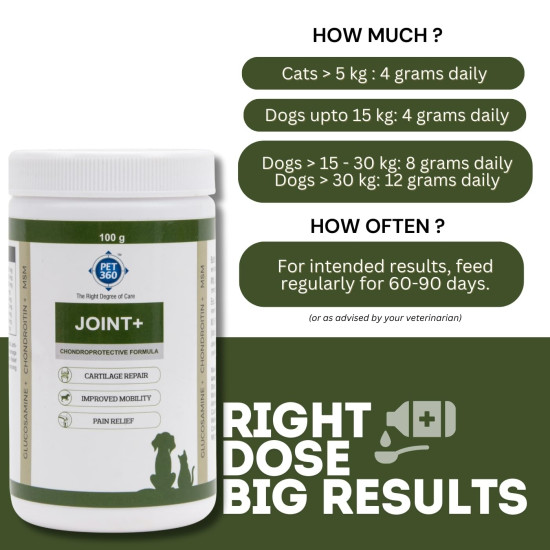 PET360 Joint+ Chondroprotective Formula - 100 gm | Hip, Joints, Cartilage Supplement for Dogs & Cats for Improved Mobility & Pain Relief with Glucosamine, Chondroitin, MSM | Suitable for All Breeds