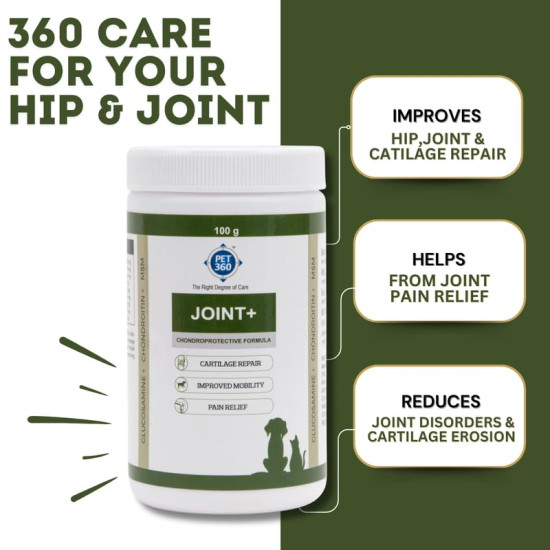 PET360 Joint+ Chondroprotective Formula - 100 gm | Hip, Joints, Cartilage Supplement for Dogs & Cats for Improved Mobility & Pain Relief with Glucosamine, Chondroitin, MSM | Suitable for All Breeds